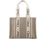 【CHLOE'】Woody 亞麻帆布拼牛皮托特包(中款)(灰粉色)/平行輸入 - 圖片 1