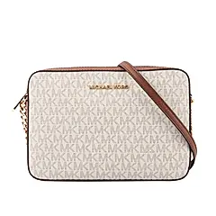 【Michael Kors】金字滿版LOGO拚色方形鏈帶斜背包(香草色/淺駝)/ 平行輸入