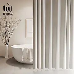 【好物良品】180x180cm_仿亞麻莫蘭迪色系防潑水防霉防潮加厚浴簾附掛環/ 暖白色