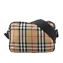 【BURBERRY】Paddy 格紋尼龍帆布拉鍊斜背包(復古黃)/ 平行輸入