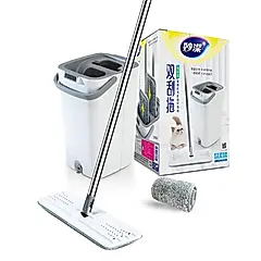 【妙潔】雙刮拖 免手洗雙槽乾濕兩用平拖(共1桶1桿1布)