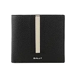 【BALLY】Ribbon 黑白條紋牛皮對開零錢袋短夾(黑色)/ 平行輸入