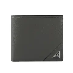 【PRADA】銀色三角牌Logo 粒紋皮革對開零錢袋短夾(灰色)/ 平行輸入