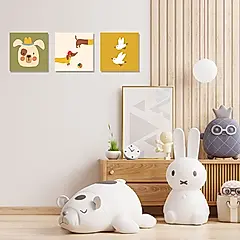 【Supreme print】三聯式 油畫布無框畫30x30cm 鬥牛犬/臘腸狗/小鳥 可愛動物 手繪風(掛畫 兒童房 北歐風 裝飾 插圖)