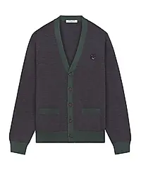 MAISON KITSUNÉ 深鷗灰綠滾邊變化狐狸頭LOGO開襟針織衫_男/中性/ L