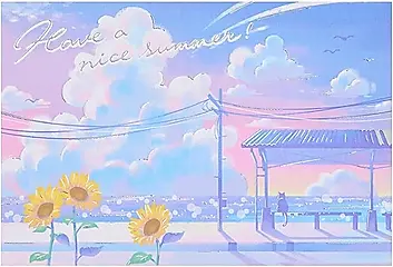 Sanrio明信片/ 77-5/ 夕陽下的貓與向日葵