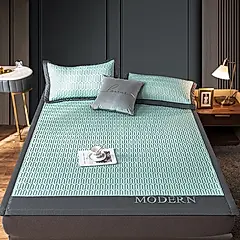 【ONE HOUSE】典雅風乳膠冰絲涼蓆三件組-1.5M / 雙人(1組)/ 雙人-薄荷綠