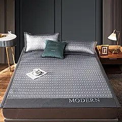 【ONE HOUSE】典雅風乳膠冰絲涼蓆三件組-1.5M / 雙人(1組)/ 雙人-紳士灰