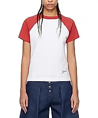 JACQUEMUS 草寫LOGO紅白連袖短袖TEE/女/ M