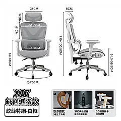 【ONE HOUSE】格拉斯人體工學安全護腰透氣辦公椅-X07舒適進階款/ 紋絲特網_白框(灰網)