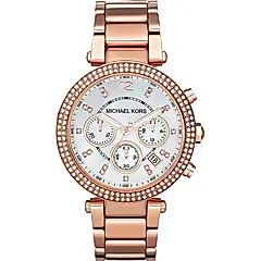 Michael Kors 美式奢華晶鑽三眼計時腕錶-玫瑰金x珍珠貝 MK5491