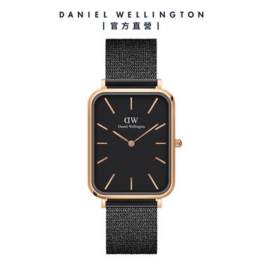 Daniel Wellington 手錶 Quadro Pressed Ashfield  29x36.5 經典黑麥穗式金屬編織大方錶-黑錶盤-玫瑰金框(DW00100467)