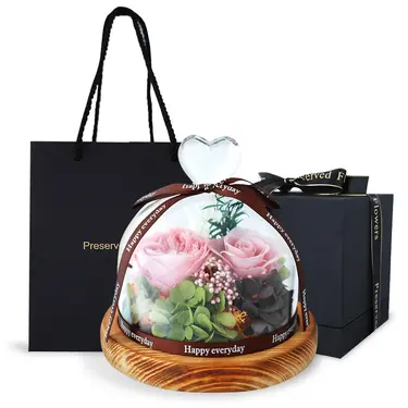 O'Pretty 歐沛媞 愛意滿分 永生花祝福愛心玻璃罩附氛圍燈+禮盒(15.4X15.4X15.8cm)-公司貨/ 兩朵玫瑰