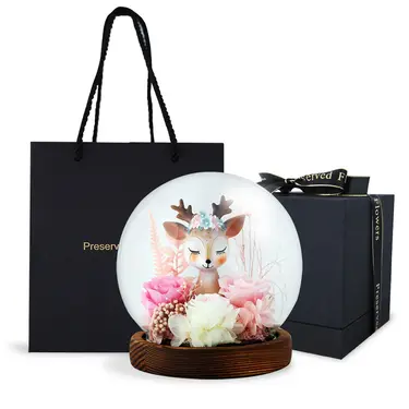 O'Pretty 歐沛媞 一鹿相伴 永生花衷心感謝玻璃罩附氛圍燈+禮盒(15.4X15.4X15.8cm)