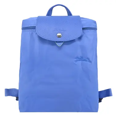 LONGCHAMP LE PLIAGE GREEN系列刺繡再生尼龍摺疊後背包(中/失車菊藍)/平行輸入