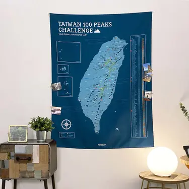 Umade 台灣百岳地圖掛布 牆壁裝飾-峰礦藍/台灣黑熊/M+插旗磁鐵*8/亮彩磁鐵地標*8