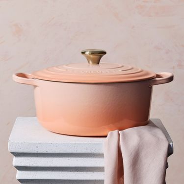 LE CREUSET琺瑯鑄鐵典藏圓鐵鍋/ 24cm/ 蜜桃橙/ 鋼頭/ 內鍋白