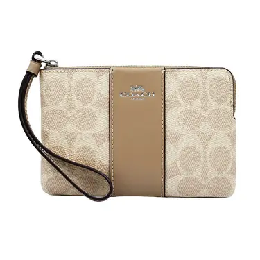 COACH 經典LOGO直條皮革系列拉鍊手拿包零錢包 灰褐x沙色 /平行輸入