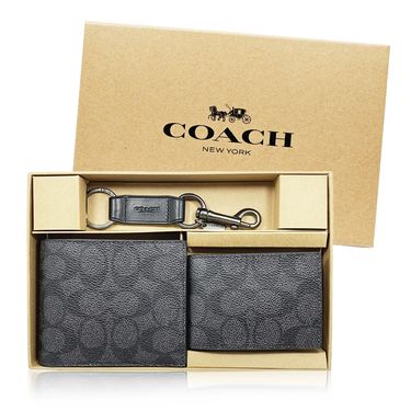 COACH 經典LOGO皮革短夾附證件夾+鑰匙圈禮盒組 緹花x炭灰色 /平行輸入
