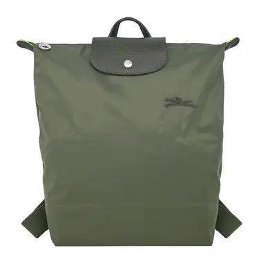 LONGCHAMP LE PLIAGE GREEN系列刺繡再生尼龍摺疊後背包(中/森林綠)/平行輸入
