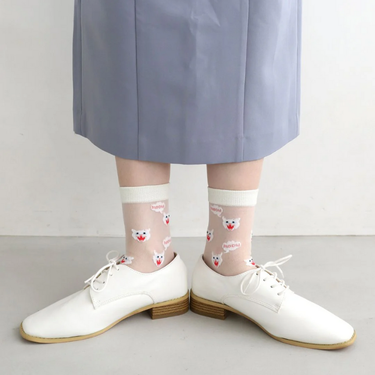 日本 Tabio 透膚貓貓中筒襪/ 01/ Off White