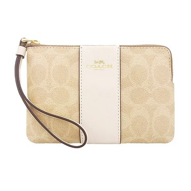 COACH 經典LOGO直條皮革系列拉鍊手拿包零錢包 沙色x米白色/ 平行輸入