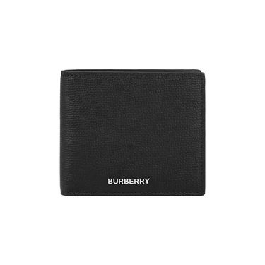 【BURBERRY】銀色Logo 紋理牛皮對開8卡短夾(黑色)/ 平行輸入