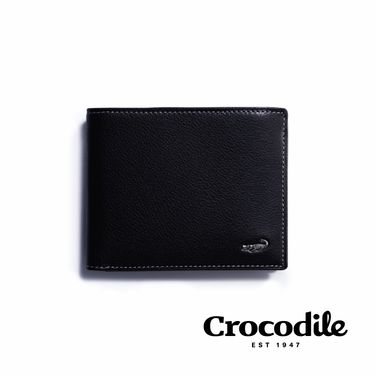 Crocodile 鱷魚皮件/男生短夾/荔紋真皮/12卡層/拉鍊層/雙鈔/0203-11011-黑咖兩色/ 黑色