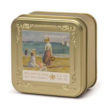美國 PADDYWAX 印象派系列24.5小時鐵盒蠟燭/ 雷諾瓦海灘上的人/ 海鹽,新鮮鼠尾草,清新空氣/ 3.5 OZ/ EU