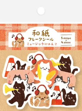 日本 Wa-Life 和紙貼紙包/ 音樂貓咪/ 20入