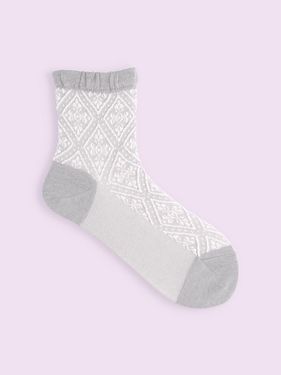 【日本 Tabio】 荷葉中筒襪口菱格紋浮織中筒襪/ 11/ Grey