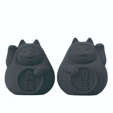 氺の尼 泥研製所胖胖招財招福貓/ 6cm/ 一對/ 備長炭黑
