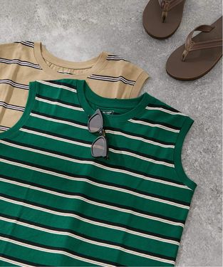 JS/Aseshi Mesh Hat Jersey Border Sleeveless (4)/上衣/綠色(031)/FREE