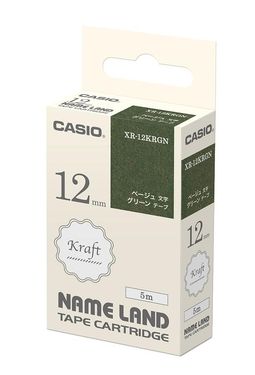 CASIO標籤機色帶/ 綠底米色字/ 12mm/ 牛皮紙色帶/ XR-12KRGN