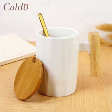 【Caldo 卡朵生活】植粹木柄斜紋附蓋質感馬克杯-白