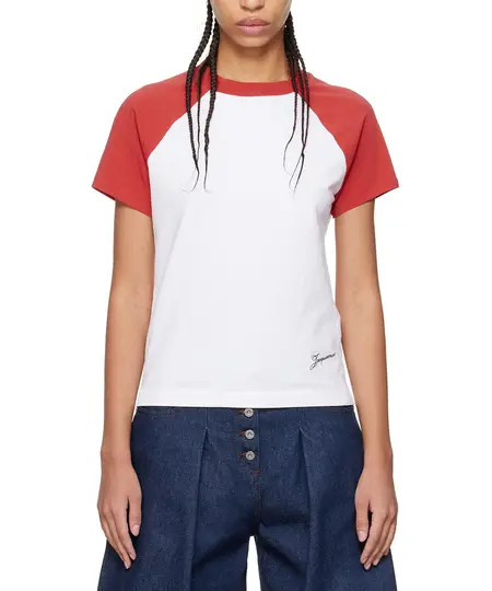 JACQUEMUS 草寫LOGO紅白連袖短袖TEE/女/ M