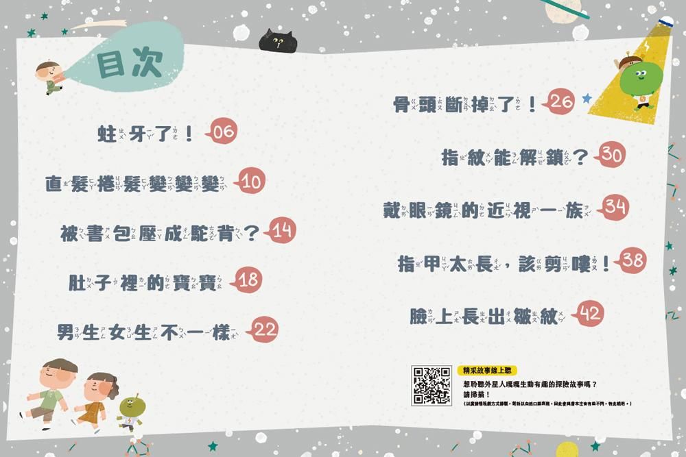 目次蛀 直 被書包壓成駝背 肚子裡的寶寶 生 骨頭 了 指紋解? 戴 眼 鏡 近 一族 指甲 ㄨ ㄨㄨ 剪ㄧ 嘍ㄨ 臉ㄨㄢ上ㄨˋ ㄨㄨˋ 皺 ㄨˋ ㄨ 精采故事線上想聆聽外星人趣的探險故事嗎?請掃描!鎖有能