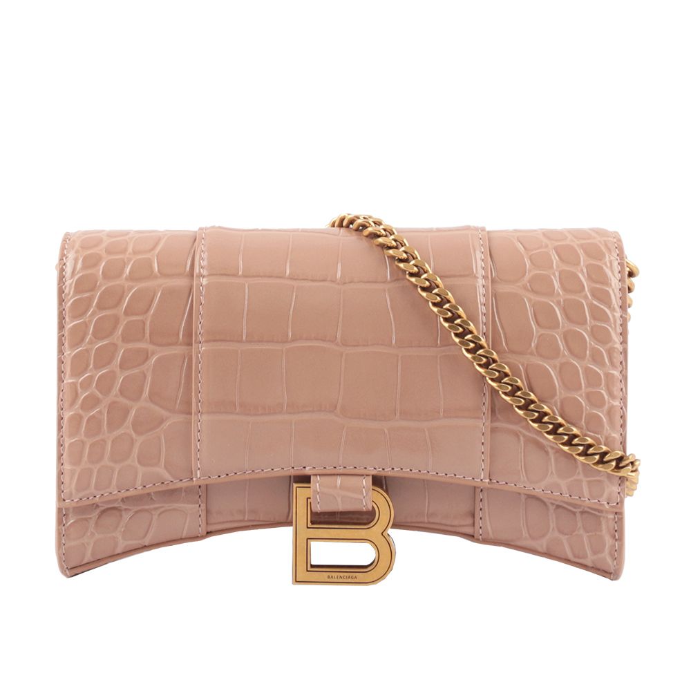 【BALENCIAGA】Hourglass 牛皮壓鱷魚紋皮夾式鏈包WOC(裸粉色)/ 平行輸入