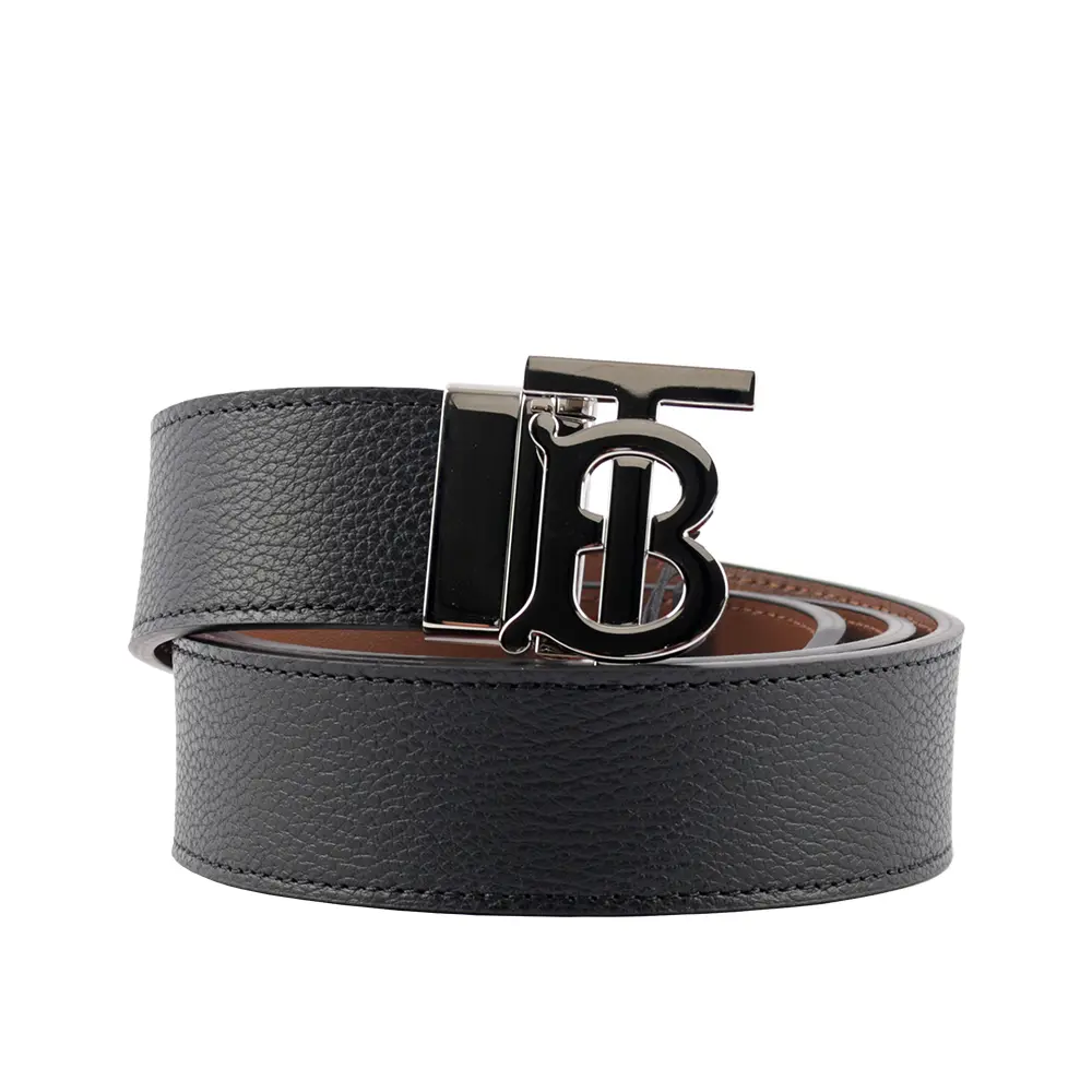 【BURBERRY】銀色Logo 牛皮及平滑皮革雙面可用皮帶(黑色/棕褐色)/ 85cm/ 平行輸入