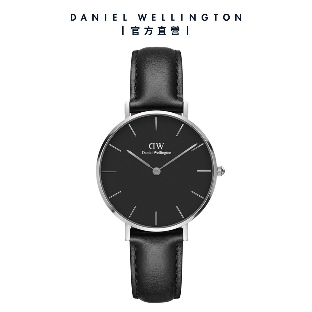 Daniel Wellington 手錶 Petite Sheffield 32mm 爵士黑真皮皮革錶-銀框(DW00100180)