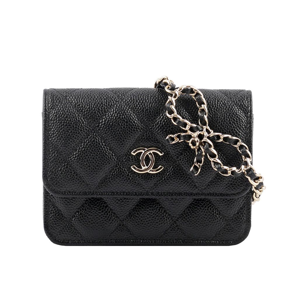 【CHANEL】經典CC Logo 粒紋牛皮蝴蝶結鏈帶迷你腰包(黑色)/平行輸入