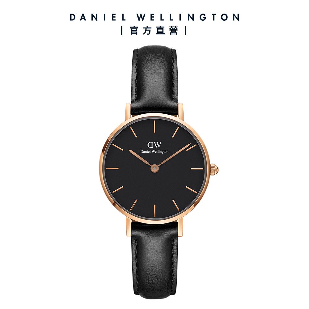 Daniel Wellington 手錶 Petite Sheffield 28mm爵士黑真皮皮革錶-黑錶盤-玫瑰金框(DW00100224)