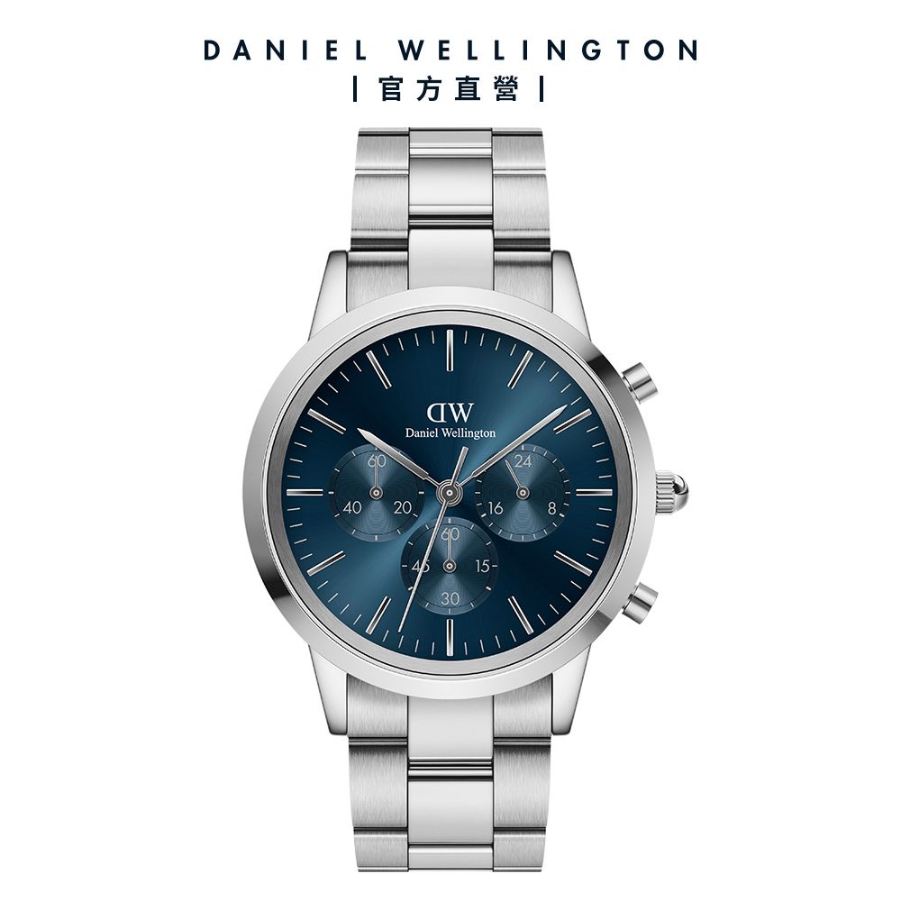 Daniel Wellington 手錶 Iconic Chronograph 42ｍｍ 極地藍三眼精鋼錶-銀框-藍錶盤(DW00100644)