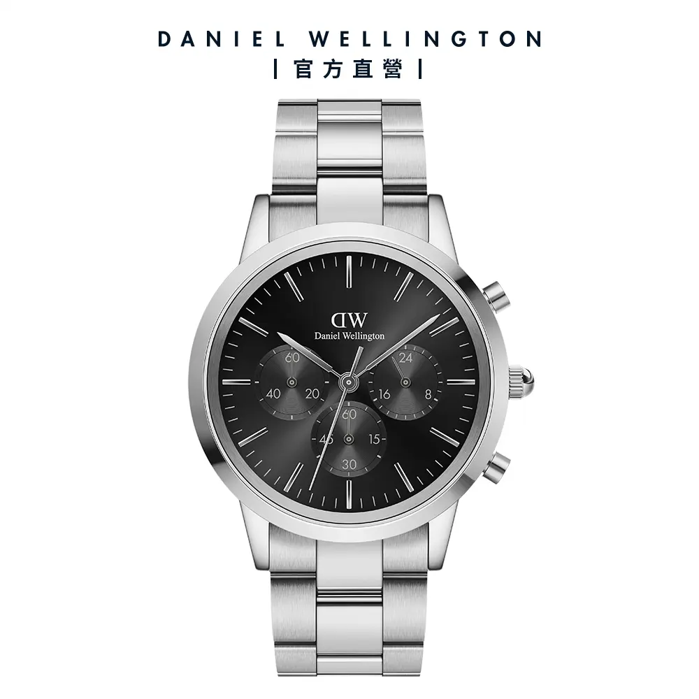 Daniel Wellington 手錶 Iconic Chronograph 42ｍｍ 曜夜黑三眼精鋼錶-銀框-黑錶盤(DW00100645)