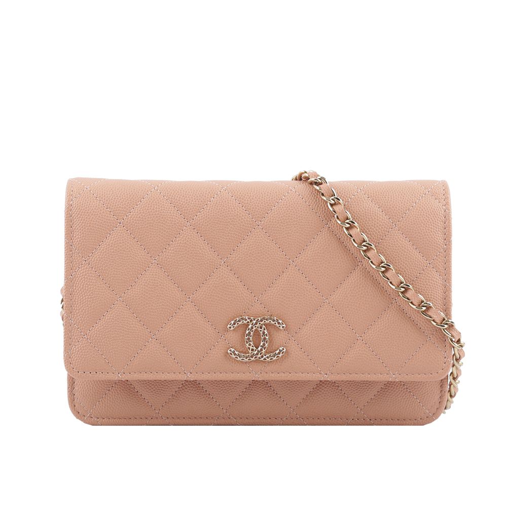 【CHANEL 香奈兒】鏤空CC Logo 荔枝皮革WOC(深米色)/平行輸入