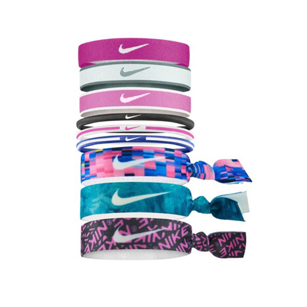 NIKE 混搭式髮帶 9入 韻律瑜珈 健身彈力運動髮帶 WOMEN'S TRAINING系列/ 608 粉藍格子