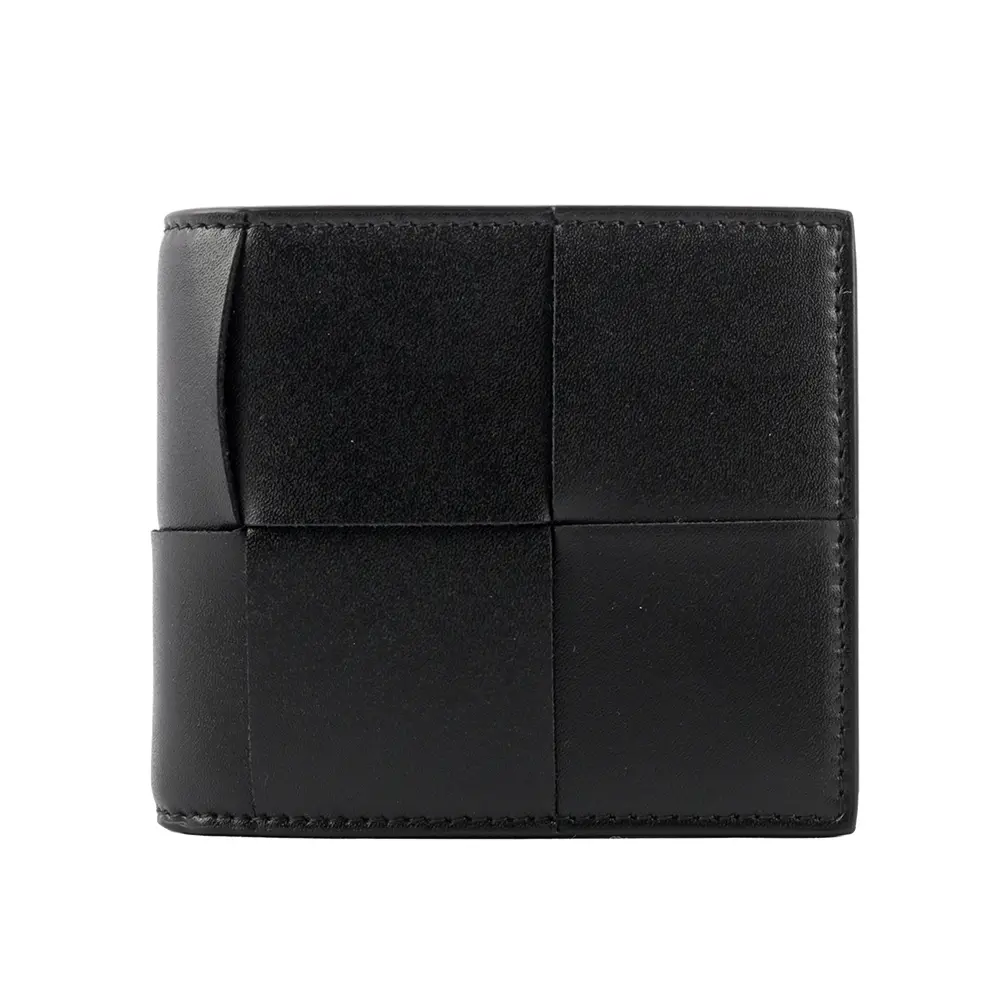 【BOTTEGA VENETA】新款小牛皮大格編織對開零錢袋短夾(黑色)/平行輸入