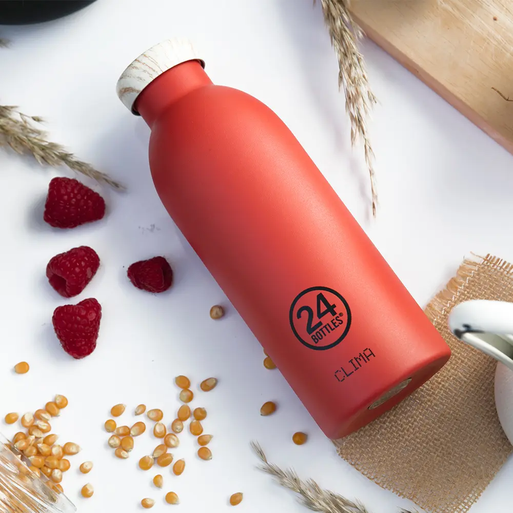 24Bottles 不鏽鋼雙層保溫瓶/ 500ml/ 珊瑚紅/ 木紋蓋