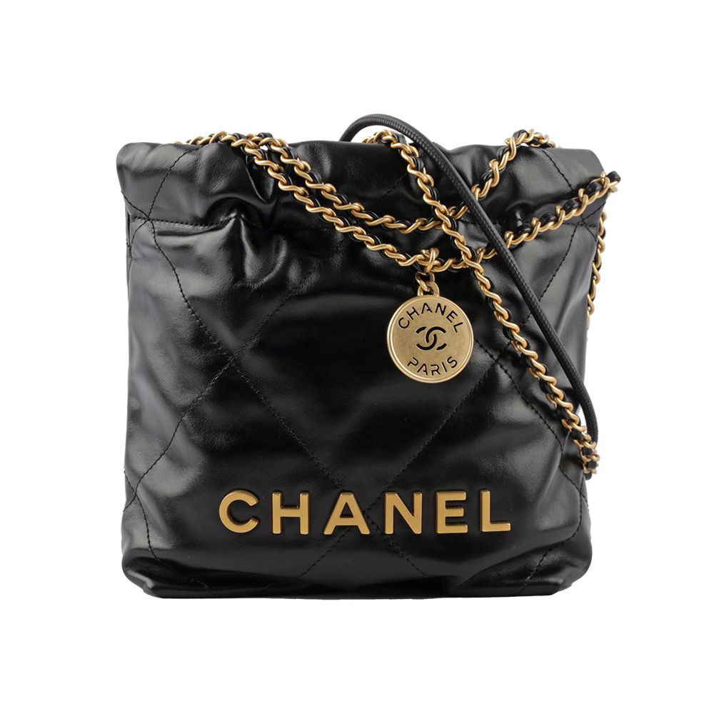 【CHANEL】新款22 Bag 金字菱格紋亮面小牛皮迷你斜背包(黑色)/平行輸入CH14000107