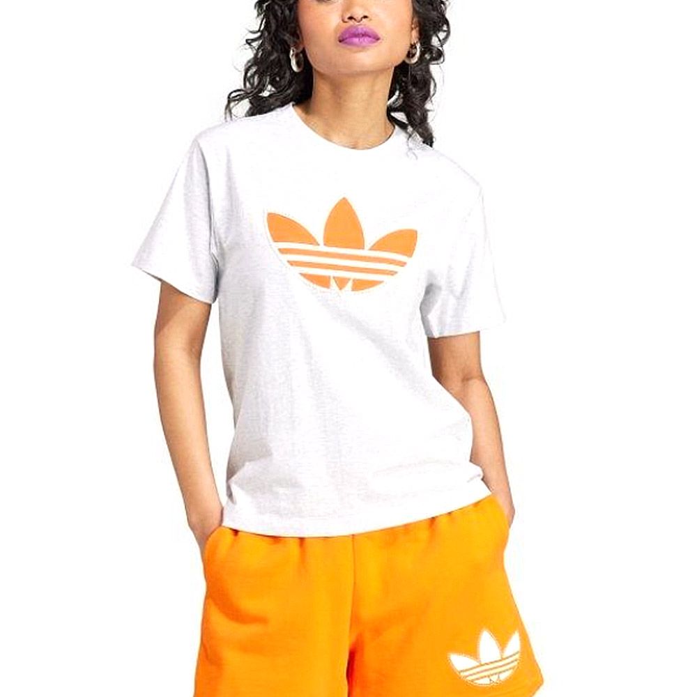【adidas 愛迪達】PEARL TREFOIL T 短袖上衣/灰橘/女款-IL2424/ M